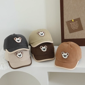 Kids bear patch baseball cap in five earth tones with contrast piping for ages 2-5