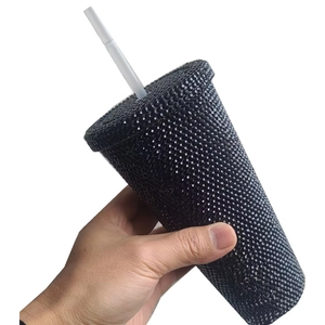 Large capacity black studded double-wall tumbler with straw and textured finish