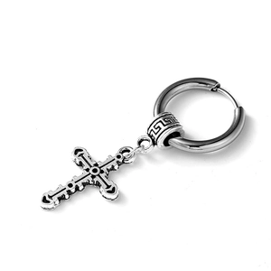 Classic silver-tone stainless steel hoop earring for men with a vintage cross pendant
