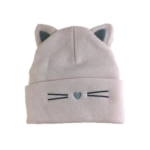 Cute pink knit beanie with cat ears and embroidered face for autumn outdoor warmth