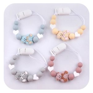 4-pack silicone baby pacifier clips with cartoon bear beads in pastel blue and beige