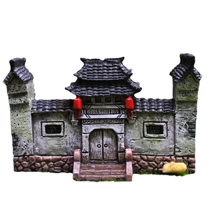Miniature Chinese garden gate ornament with black tiled roof and red lanterns