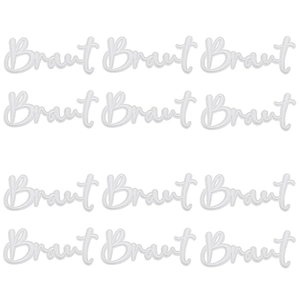 Close-up of 12 white embroidered 'Braut' iron-on patches for bridal party DIY decorations