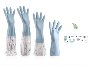 Detail of Nordic Blue PVC household cleaning gloves featuring four unique cuff styles