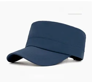 Detail of reinforced stitching on the brim of a navy blue quick-dry cadet cap