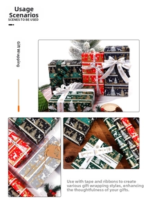 Detail of vintage Christmas wrapping paper rolls with festive deer patterns and satin ribbons