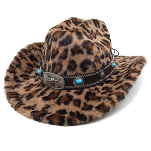 Close-up of leopard print cowboy hat with turquoise beads and silver bull head buckle