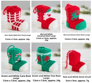 Detailed view of six assorted knitted Christmas boot ornaments with holiday patterns and sizes
