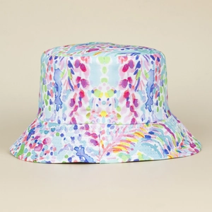 Colorful tie-dye bucket hat with abstract watercolor print for outdoor sun protection