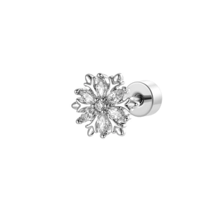 Elegant silver snowflake earring with zircon stones and screw back on white background