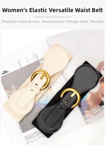 Close-up of elegant wide elastic corset belts with vintage gold round buckles for women