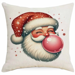 Detailed view of Santa blowing pink bubble gum on a linen textured Christmas pillow cover