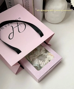 Pink polka dot hair scrunchie gift set with window display box and matching paper bag