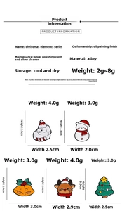 Detailed view of Christmas brooches featuring dimensions and weights for each metal pin