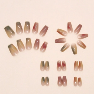 Short ballerina press-on nails featuring colorful marble texture and soft gradient tones