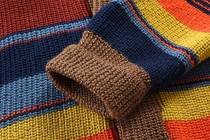 Macro shot of ribbed cuffs on a chunky multi-color knit cardigan for men in autumn