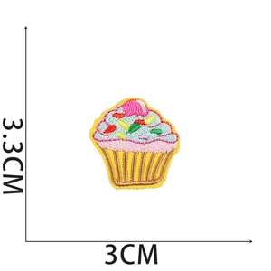 Detailed embroidery patch featuring a colorful cupcake design with 3.3cm x 3cm dimensions
