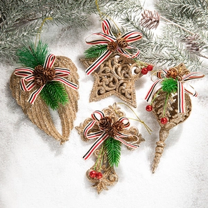 Sparkling Gold Christmas Tree Ornaments Plastic Glitter Pendant Tree Topper With Bow Pine Cone Berries Festive Decor