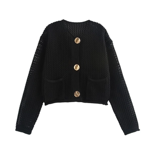 Close-up of black knit cardigan featuring gold buttons and hollow texture detail