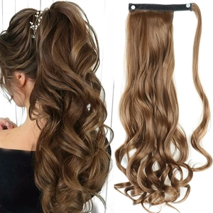 Brown long wavy ponytail hair extension with velcro wrap-around for women