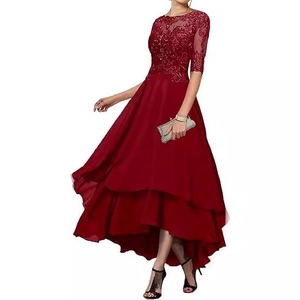 Elegant deep red lace evening gown with 3/4 sleeves and high-low layered chiffon skirt