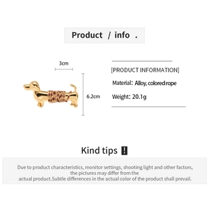 Detailed dimension guide for the gold dachshund brooch with colorful rope wrap