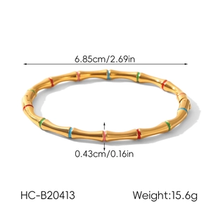 Bamboo style 18k gold plated bangle with colorful enamel rings and size measurements