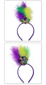 Karneval Party Feder Haarreif Detailansicht, lebendiges lila, gruenes und gelbes Pailletten Design.