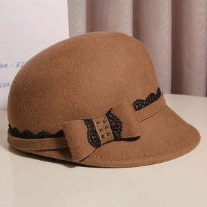 Elegant khaki wool felt equestrian hat with black lace trim and colorful beaded bow