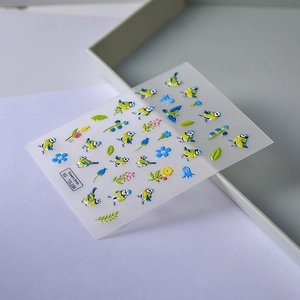 5D embossed bird and flower nail stickers with 3D texture and green leaf patterns