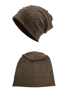 Detail of dark brown knit beanie featuring elegant silver bead and rhinestone patterns