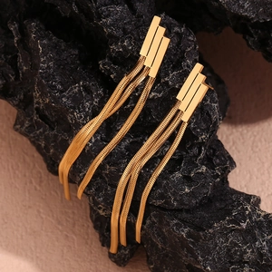 Detail of 18K gold-plated geometric tiered fringe earrings on a dark stone surface
