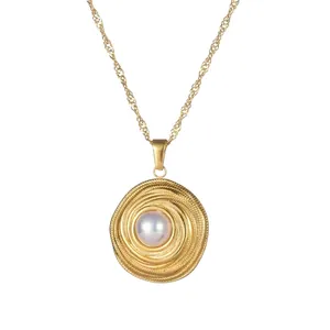 Round Pendant Necklace Stainless Steel With Artificial Pearl Spiral Texture Elegant Retro Clavicle Chain Jewelry For Women