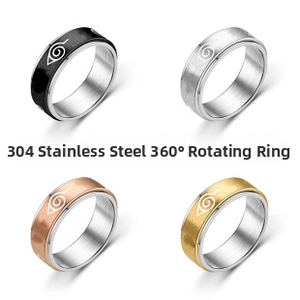 Detail of rotatable 304 titanium steel rings with Naruto Konoha symbol in four colors