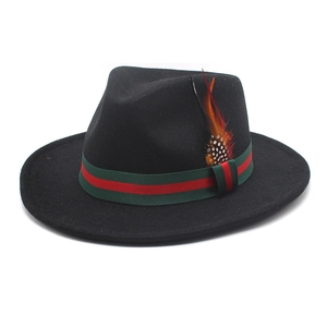 Classic black wool fedora hat with green-red ribbon and feather decoration