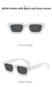 Front and side views of chunky white square sunglasses with dark grey lenses