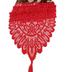 Red Christmas lace table runner with hollow out patterns and elegant fringe tassels