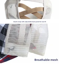 Detail of breathable mesh and elastic cross band for ponytail on checkered baseball cap