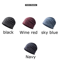 Detailed display of marly knit beanies in black, burgundy, sky blue, and navy blue