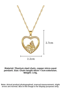 Detail showing titanium steel necklace dimensions with butterfly heart pendant 2.2x2.7cm