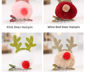 Detail view of plush reindeer antler hair clips in pink, burgundy, white and beige colors