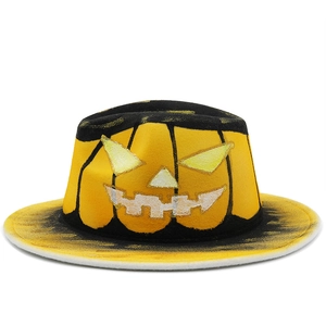 Chapeau Fedora Halloween en feutre jaune avec motif citrouille et larges bords