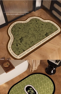 Detail view of quick-dry diatom mud bathroom mats in vintage floral and plaid patterns
