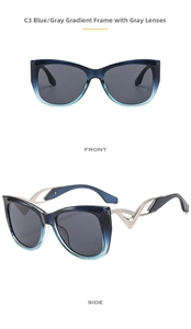 Front- und Seitenansicht der Schmetterling-Sonnenbrille mit blauem Farbverlauf