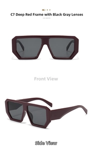 Front and side view of oversized burgundy square sunglasses with dark grey lenses