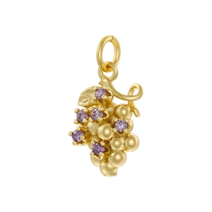 Detailed macro shot of a gold grape pendant with purple gems and a small ring hook