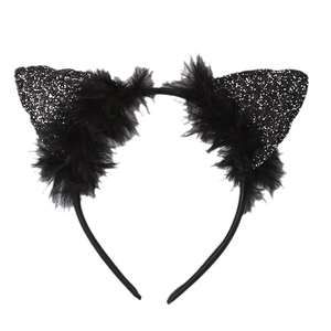 Glittery black cat ear headband with sequins and feather accents for Halloween party costume