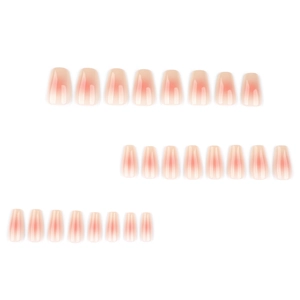 Short coffin press-on nails with natural blush gradient and glossy nude pink finish