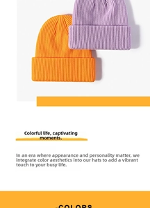 Detailed close-up of ribbed knit beanies in purple and orange with wide folded cuffs