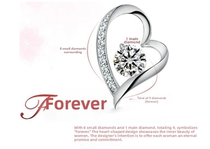 Macro view of S925 sterling silver heart necklace pendant with fine zircon settings